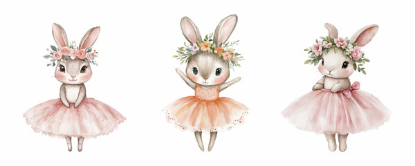 Watercolor set of cute bunny ballerinas. Cute bunnies in pink ballerina skirts and with flower wreaths on their heads. Cute watercolor rabbit girls dancers. Vector illustration. © Narin