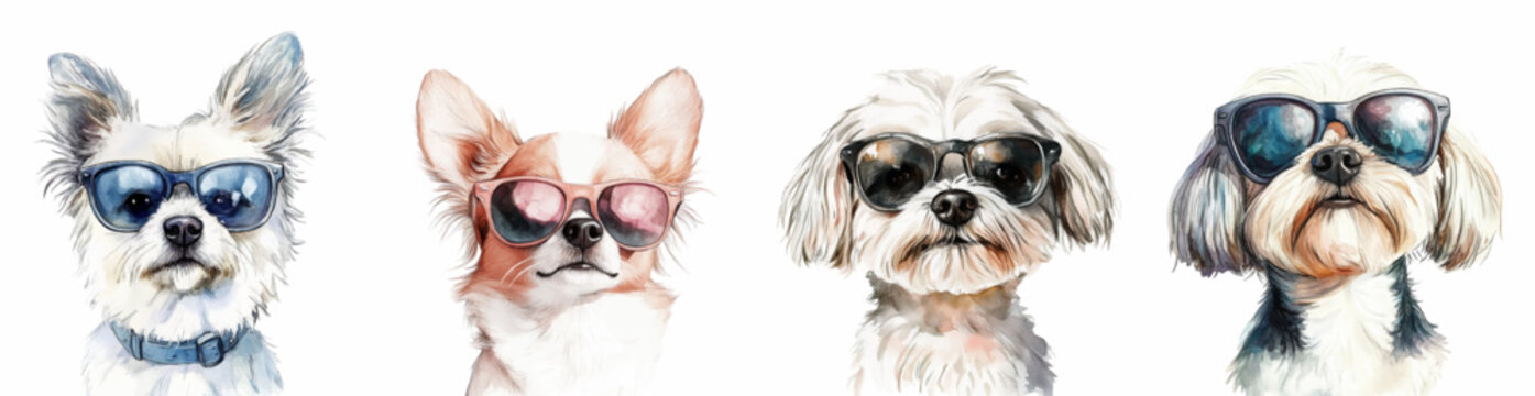 Watercolor set of cute dogs in sunglasses. Cute little dogs in sunglasses, lapdog, chihuahua and others. Realistic portraits of dogs. Vector illustration.