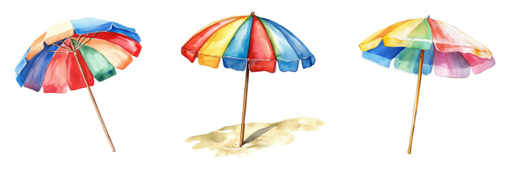 Watercolor set of beach umbrellas on a transparent background. Striped sun umbrellas for the beach, pool, garden, etc. Elements for summer vacation. Sun protection. Vector illustration. © Narin