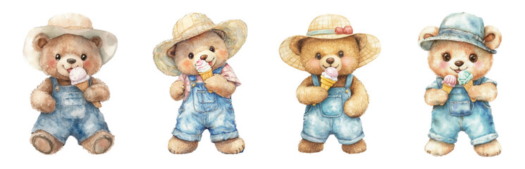 Set of cute teddy bears eating ice cream. Watercolor bears in summer denim overalls and hats eating ice cream cones. Cartoon cute teddy bears. Vector illustration.