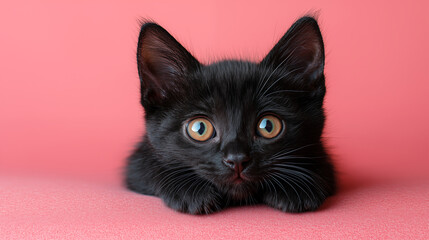 Obraz premium Black kitten with bright amber eyes laying on pink background, adorable pet portrait showing innocent expression