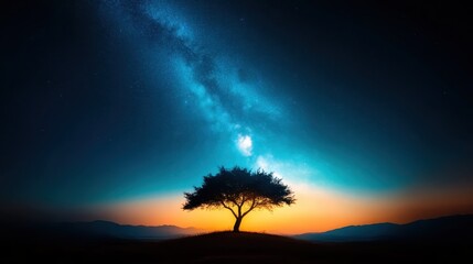 Obraz premium A solitary tree stands majestically against a starry night sky, symbolizing tranquility and resilience, inviting contemplation amidst the beauty of nature.