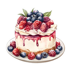 Watercolor mini cake png. The dessert consists of a delicate base, sponge cake or meringue, covered with a lush layer of cream, and decorated with fresh berries - juicy raspberries.