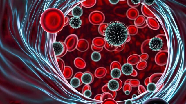 Red blood cells with virus observed under a medical microscope