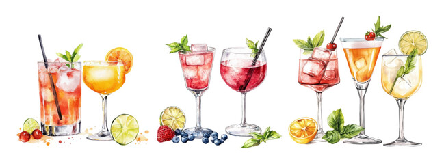 Watercolor set of cocktails png. Various cocktails Aperol, Mojito, Margarita and others. Cocktails in glasses with fruits, berries and ice. Alcoholic drinks. Bar concept.