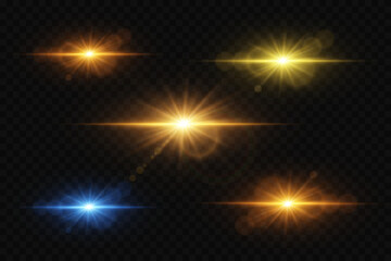 Fototapeta premium Set of glowing light effects. Shining stars, glare, explosion, sparkle, dust, lines, flash of spark.