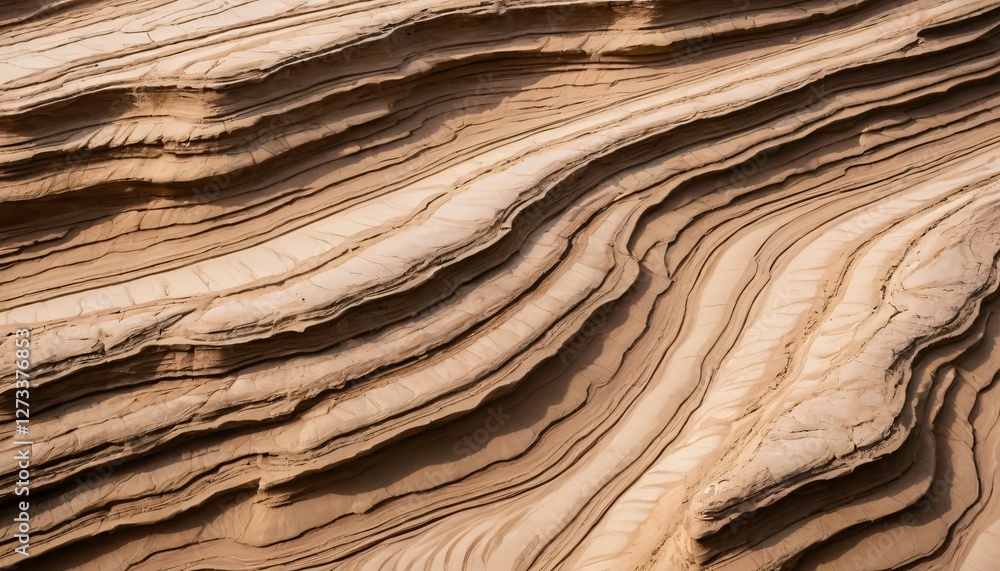 Poster Natural sandstone curves. Earthy texture background featuring wavy layers and flowing patterns. Geological formations, abstract sand dunes, beige and light brown tones. Soft undulating texture. Visual