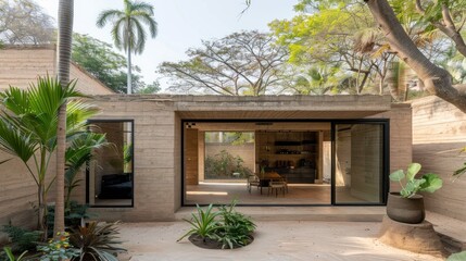 the view of the house is decorated with grass and trees