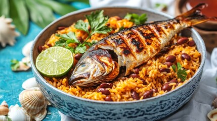 A vibrant dish featuring grilled fish atop seasoned rice with lime and herbs.