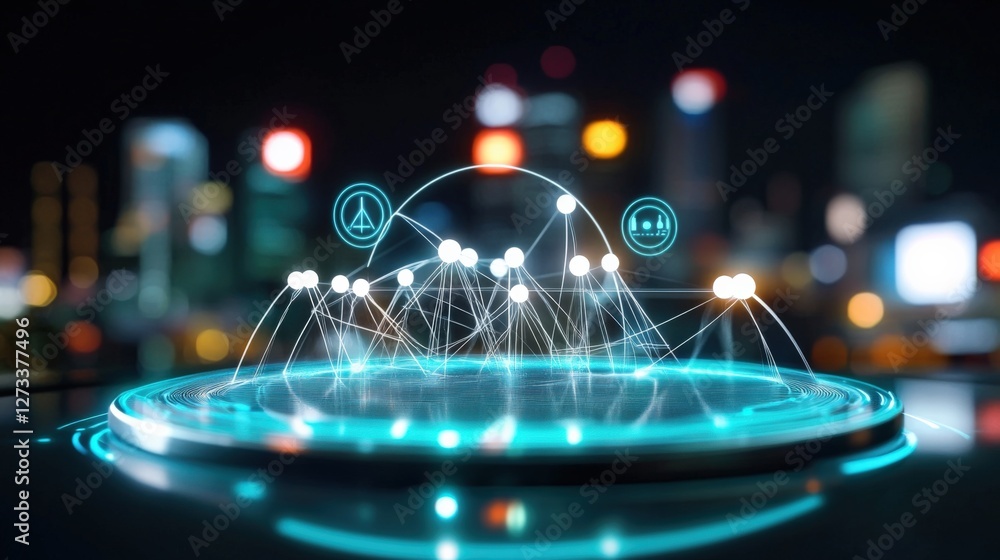 Poster innovative technology networking event urban cityscape digital visualization nighttime setting futur