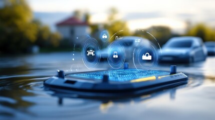 Innovative smart surface technology urban environment digital illustration vehicles nearby futuristic perspective connectivity concept