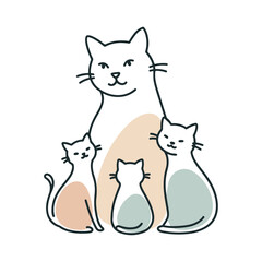 Minimalist Cute Cat Family Illustration Mother Cat with Kittens in Pastel Colors