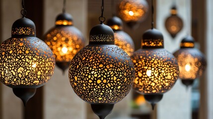 Intricate Metal Lanterns Emit Warm Golden Light