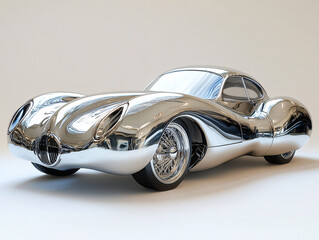 a futuristic, metallic car sculpture with a smooth, flowing design. The sculpture is made of polished metal, reflecting the surrounding environment. The shape is abstract 