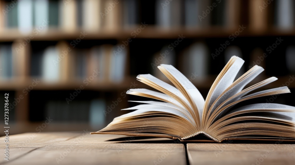 Poster the opened book on a wooden surface captures the essence of written knowledge, surrounded by soft fo