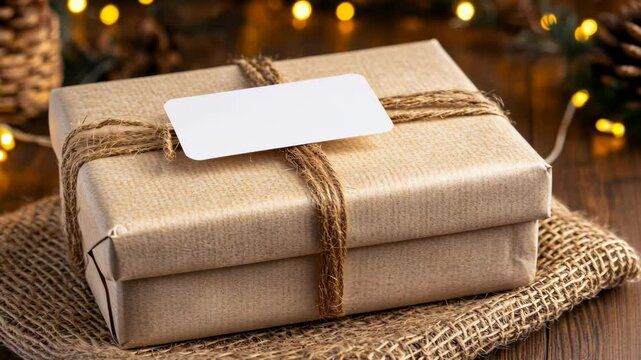 Gift wrapped package with twine placed on a rustic wooden surface surrounded by holiday lights