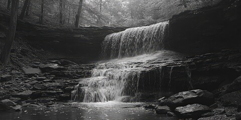 A serene cascade trickles over mossy rocks, its crystal-clear waters cascading gracefully from top left to bottom right in a tranquil dance with nature's textures