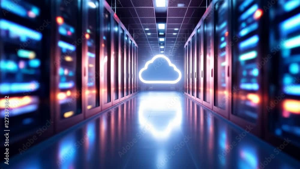Poster futuristic data center exploring cloud technology, server racks, and digital network storage solutio