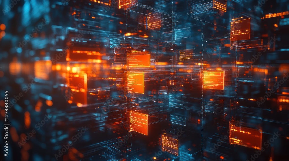 Poster digital data stream flowing in cyberspace, background blur