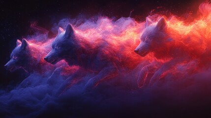 Fiery wolves running through cosmic clouds; digital art