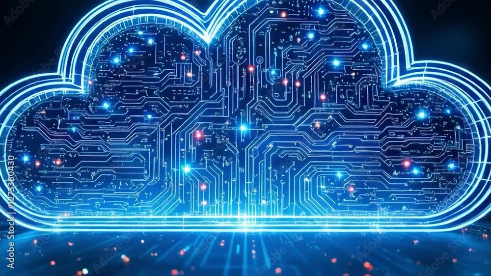 Poster glowing digital cloud with circuit patterns symbolizes technology, data storage, and future of cloud