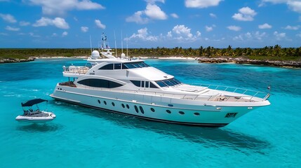 Luxury yacht at anchor in turquoise waters, boat tender, exotic island background, travel tourism