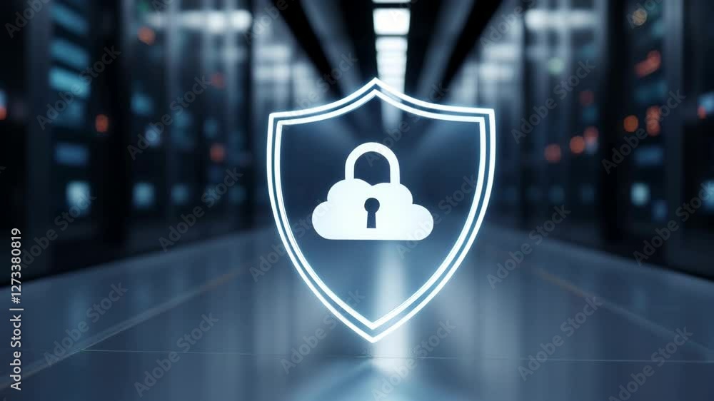 Poster digital security shield protecting your data center with cloud technology and lock symbols for enhan