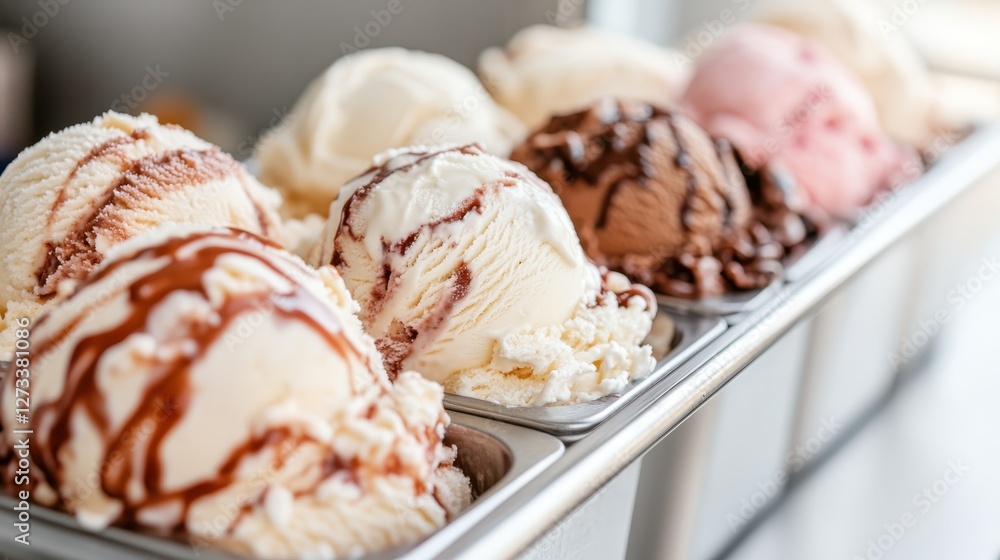 Poster a tantalizing arrangement of assorted ice cream flavors in a display case, inviting viewers to indul