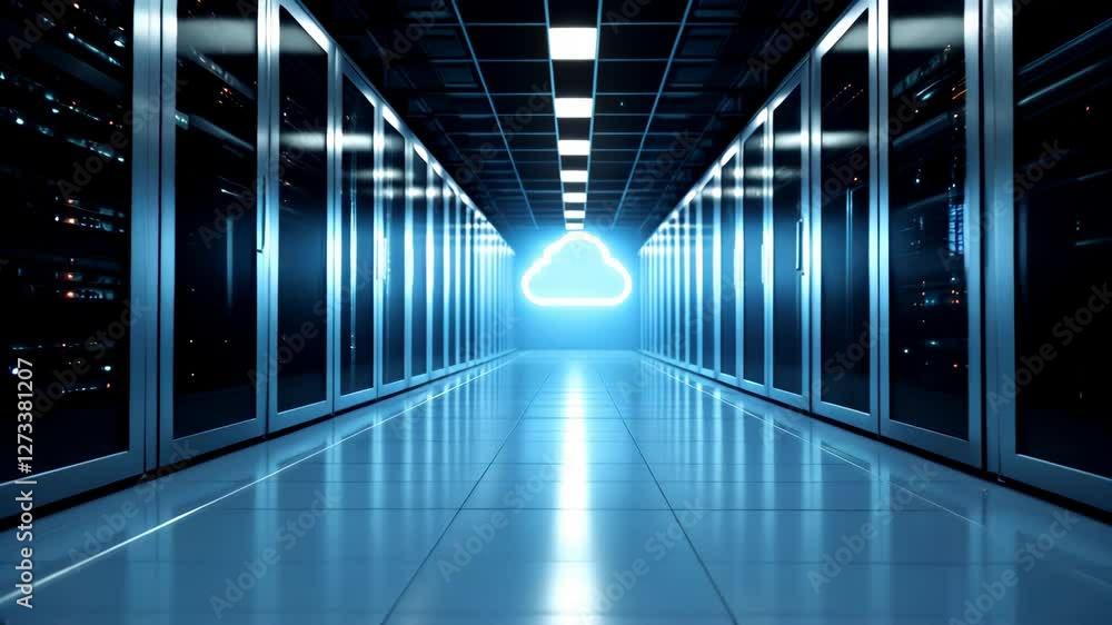 Poster cloud data storage concept, exploring modern data center corridor technology and digital innovations