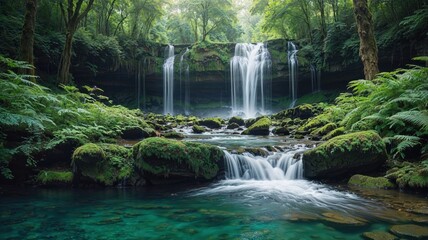 tranquil forest waterfall cascading over moss-covered rocks, surrounded by lush greenery and ferns, creating a serene, natural paradise