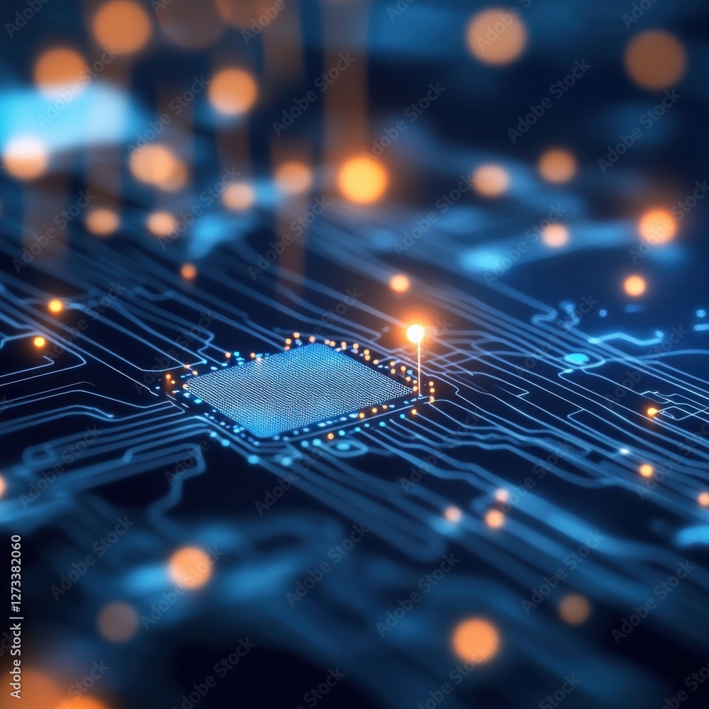 Poster exploring technological advancements in a futuristic environment digital circuitry abstract visuals 
