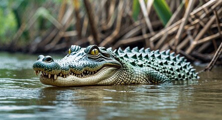 Fototapeta premium Crocodile in riverbank background side view portrait