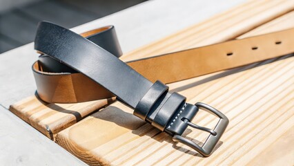 Leather Belts on Wooden Surface