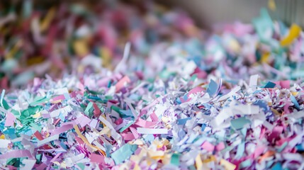 Obraz premium Close up of colorful shredded paper for recycling, showcasing vibrant hues and textures. This highlights importance of recycling materials