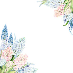 Naklejka premium Watercolor illustration frame of spring flowers. Delicate crocuses, muscari and hyacinths, hand drawn on white background. Pastel colors create an atmosphere of coziness and nature.