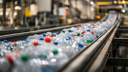 Close up shot of plastic bottles being sorted on conveyor belt in recycling facility, showcasing importance of waste management