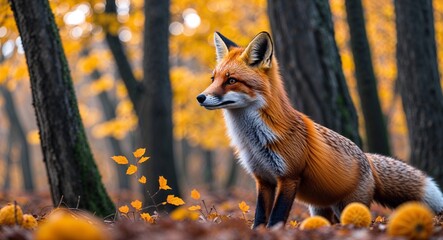 Fototapeta premium Fox in autumn forest background side view portrait