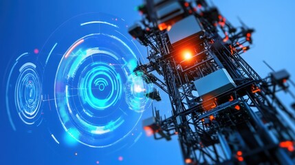 Telecommunication tower signal boosting process urban environment digital art clear blue sky futuristic concept
