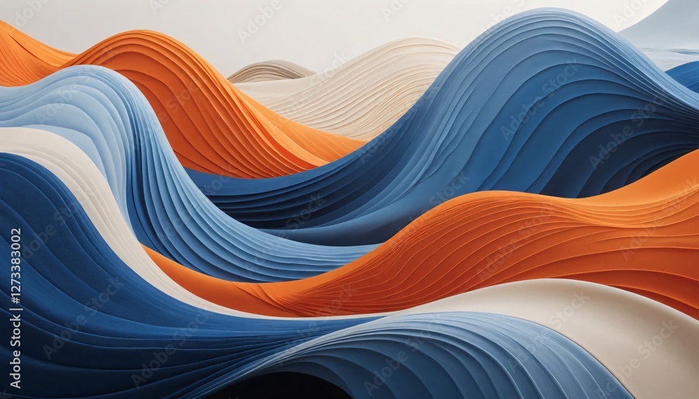 Poster abstract waves. a serene landscape in blue orange beige. textured curves suggest fluidity and motion