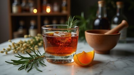 Herbal elegance highlighted in a wide shot of amaro with garnishes