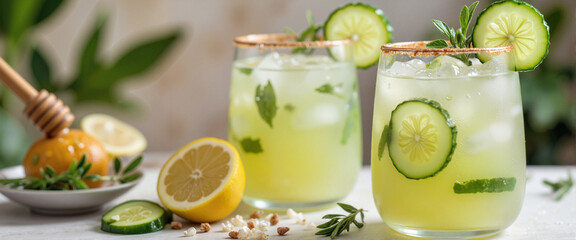 Refreshing cucumber cocktail in garden oasis, soothing experience