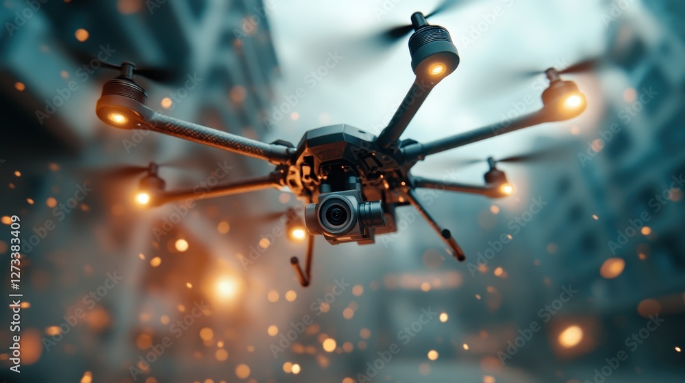 Poster an action-packed image illustrating a drone with a camera navigating through an urban landscape, hig