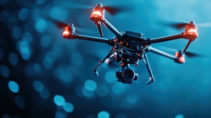 A visually compelling depiction of a cutting-edge drone in motion at dusk, with glowing lights and detailed equipment showcasing the intersection of tech and aesthetics.