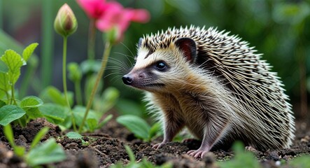 Naklejka premium Hedgehog in garden background side view portrait