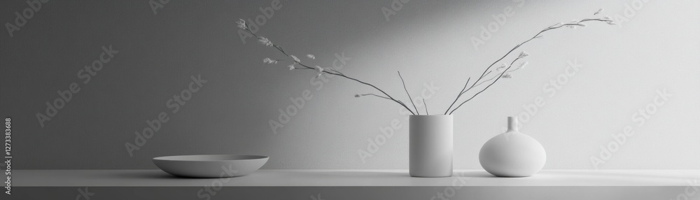 Poster elegant monochromatic arrangement featuring vases branches and bowl on shelf