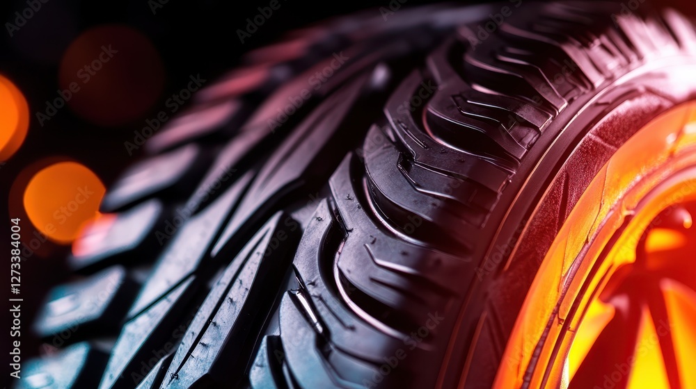 Poster a close-up view of a high-performance tire, showcasing intricate tread patterns against a softly blu