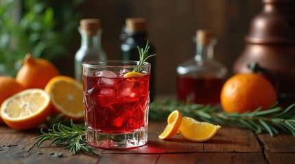 Vermouth cocktail garnished with citrus slices and fresh herbs on wooden table