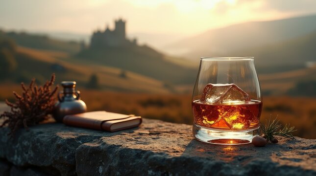 Enjoying Scotch whisky in the serene Scottish Highlands at sunset