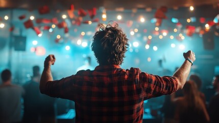 A lively concert scene filled with enthusiastic audience members enjoying the music and vibrant lights that create a captivating atmosphere of joy and excitement.