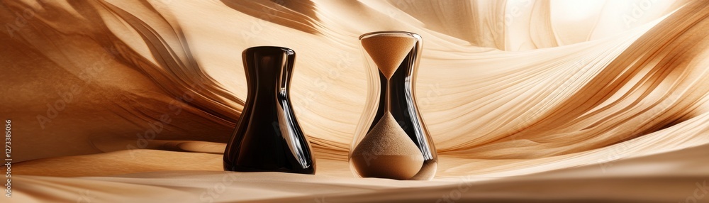 Poster two uniquely shaped vases stand against a fluid textured background